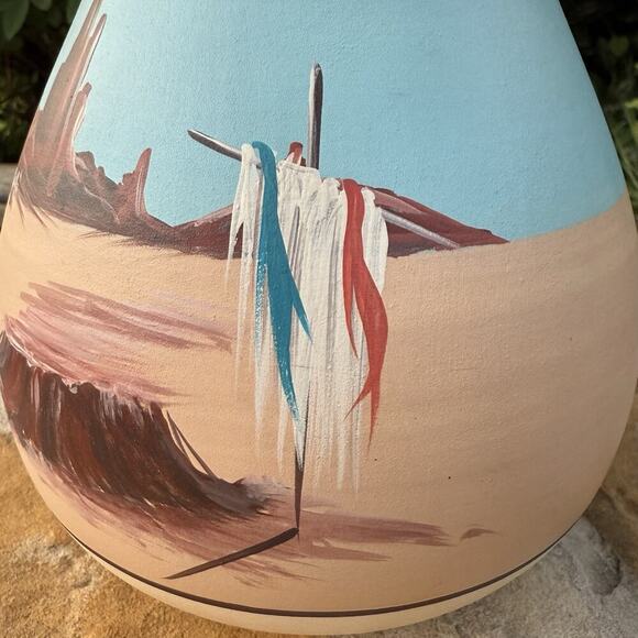 VTG Navajo Native American Sisters Desert Mesa Hand Painted Pottery Vase Signed - Picture 6 of 12